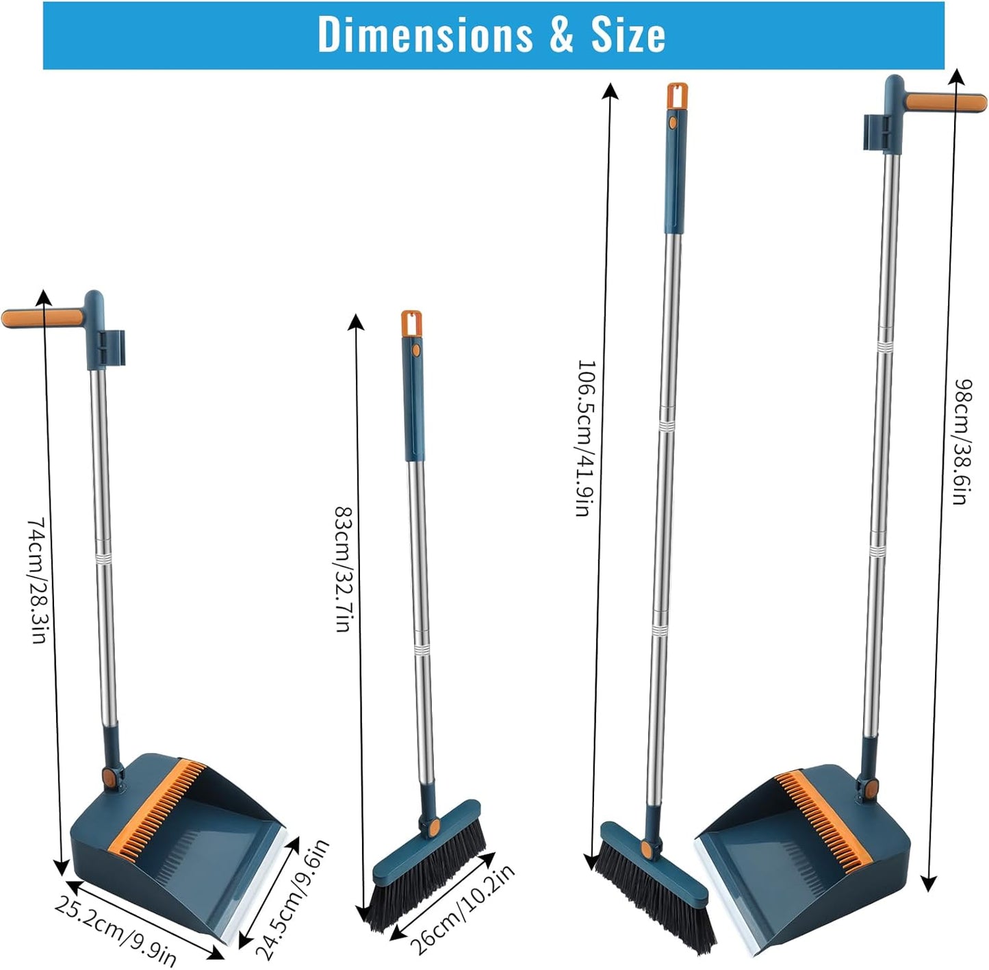 HPCORA Long Dustpan and Brush Set, Windproof Vertical Extension Pole Handle Rotatable Broom Set Dustpan Set (Blue)