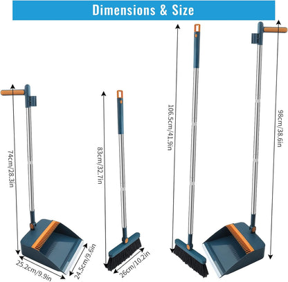HPCORA Long Dustpan and Brush Set, Windproof Vertical Extension Pole Handle Rotatable Broom Set Dustpan Set (Blue)