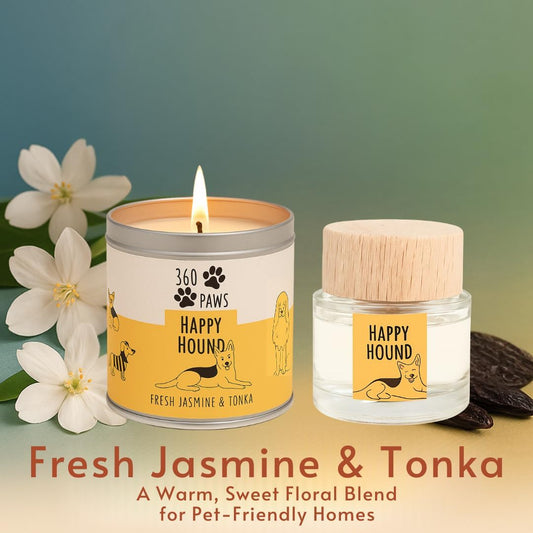 360 Paws Happy Hound Fresh Jasmine & Tonka Odour Neutralising Candle & Diffuser Set