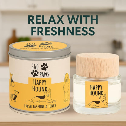 360 Paws Happy Hound Fresh Jasmine & Tonka Odour Neutralising Candle & Diffuser Set