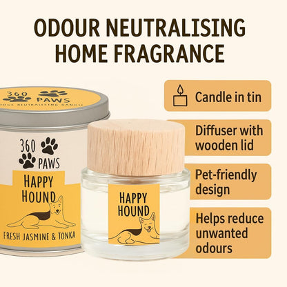 360 Paws Happy Hound Fresh Jasmine & Tonka Odour Neutralising Candle & Diffuser Set