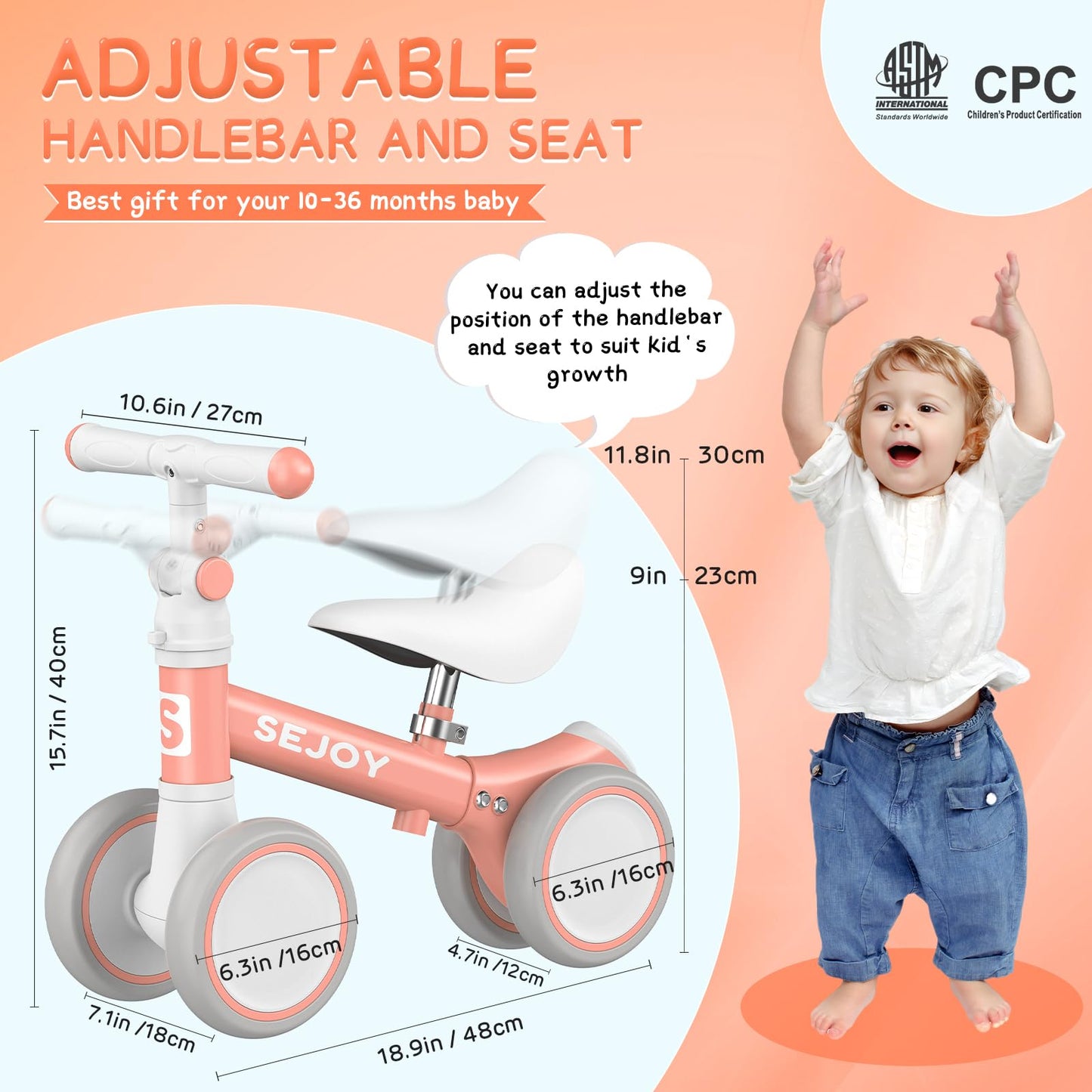 Pink Adjustable Baby Balance Bike with Seat and Handle