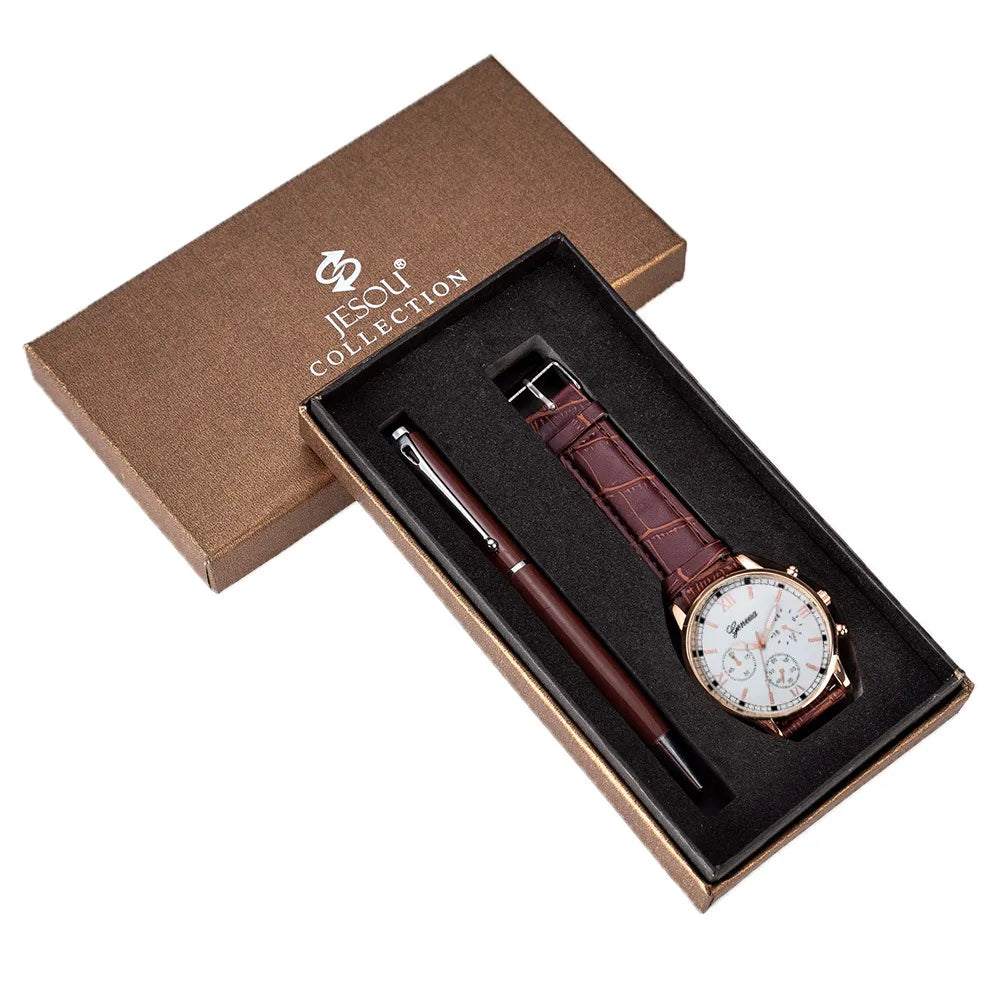 ⌚ Watch & Pen Gift Set Brown and White ZHM2-A04180-3 🖊️