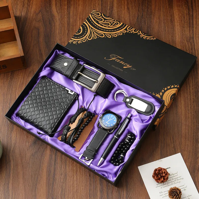 7-piece Set in Black (belt + Wallet + Watch + Three Bracelets + Keychain + Pen + Rosary)|Gift Box