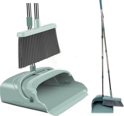 Broom and Dustpan Set for Home, Dust pan with Long Handle, Broom with Dustpan Combo Set, for Home Kitchen Room Office Lobby Floor Use Upright Stand Up Sweeping (Green)