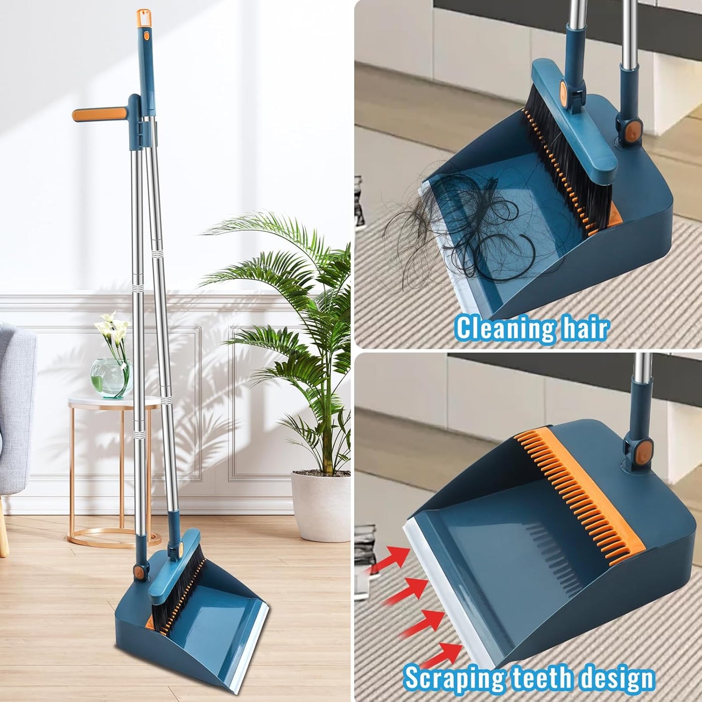 HPCORA Long Dustpan and Brush Set, Windproof Vertical Extension Pole Handle Rotatable Broom Set Dustpan Set (Blue)