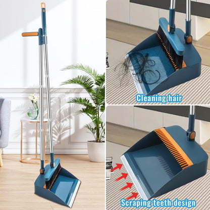 HPCORA Long Dustpan and Brush Set, Windproof Vertical Extension Pole Handle Rotatable Broom Set Dustpan Set (Blue)