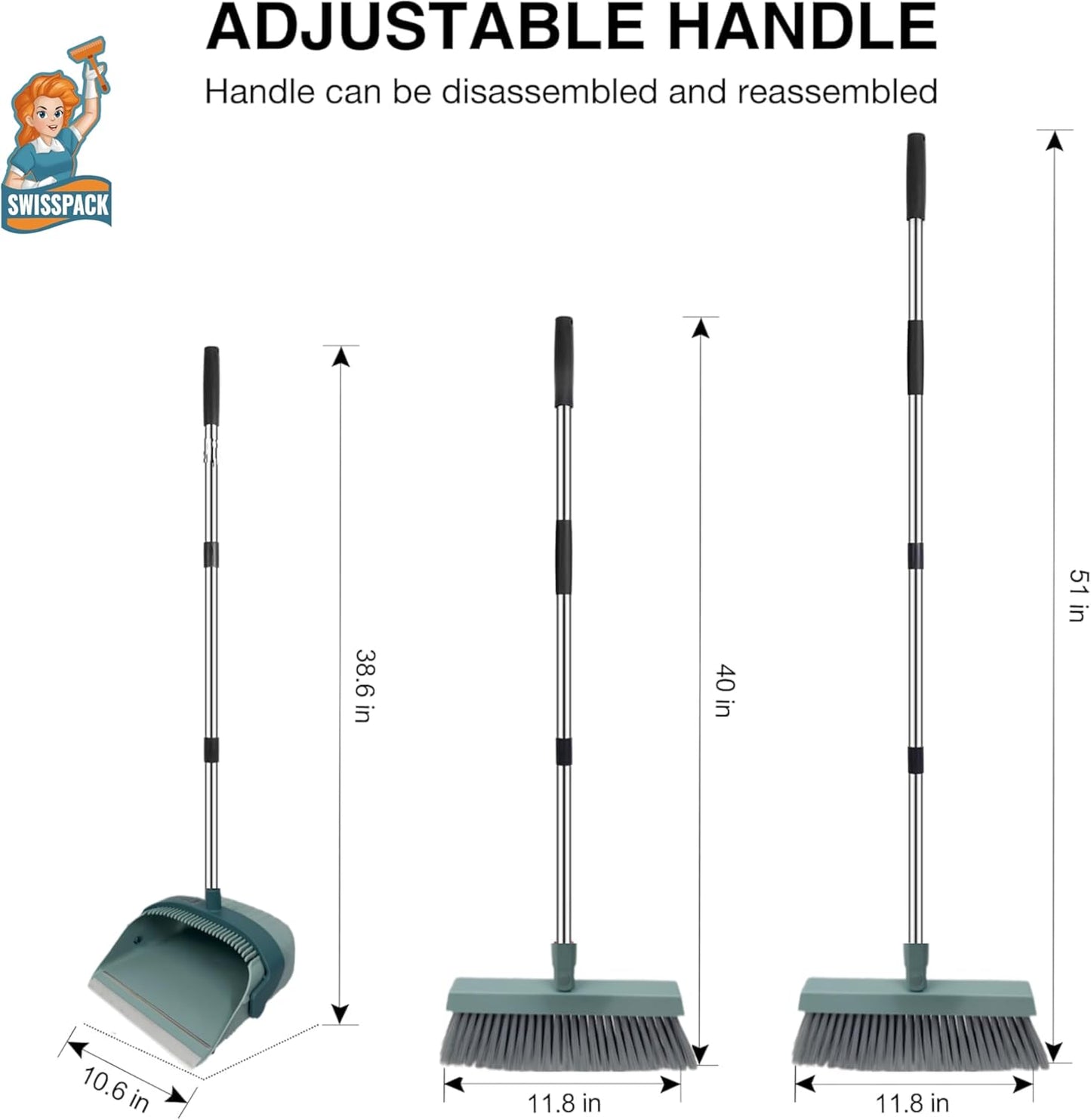 Broom and Dustpan Set for Home, Dust pan with Long Handle, Broom with Dustpan Combo Set, for Home Kitchen Room Office Lobby Floor Use Upright Stand Up Sweeping (Green)