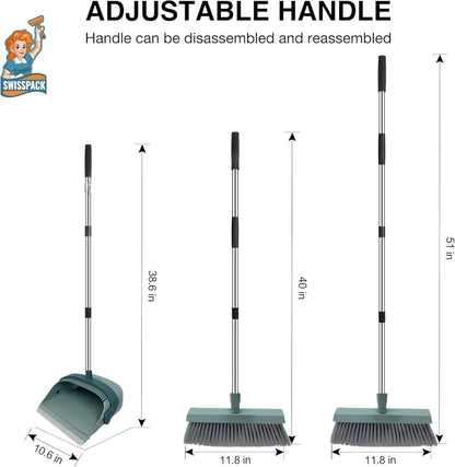 Broom and Dustpan Set for Home, Dust pan with Long Handle, Broom with Dustpan Combo Set, for Home Kitchen Room Office Lobby Floor Use Upright Stand Up Sweeping (Green)