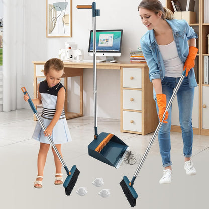 HPCORA Long Dustpan and Brush Set, Windproof Vertical Extension Pole Handle Rotatable Broom Set Dustpan Set (Blue)