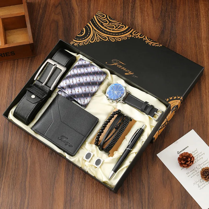 8-piece Set Black (Belt + Wallet + Watch + Bracelet Three + Tie + Tie Clip + Cufflinks + Pen)|Gift Box