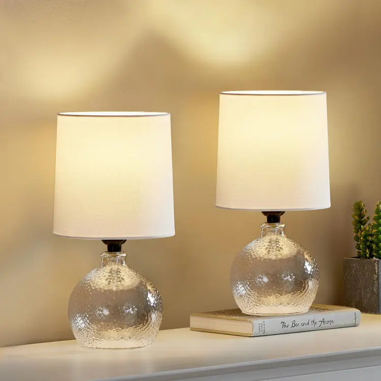 Set of 2 Glass Table Lamps with White Fabric Shades
