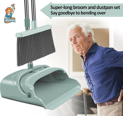 Broom and Dustpan Set for Home, Dust pan with Long Handle, Broom with Dustpan Combo Set, for Home Kitchen Room Office Lobby Floor Use Upright Stand Up Sweeping (Green)