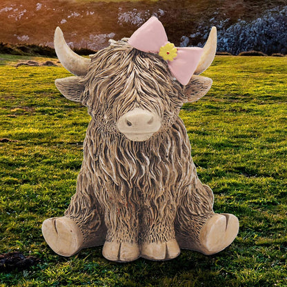 Lesser & Pavey Happy Highland Cow Pink Bow Figurine