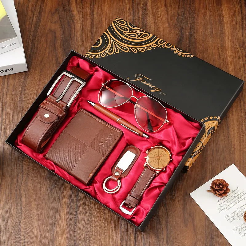 6-piece Set in Coffee Color (belt + Wallet + Watch + Keychain + Pen + Sunglasses)|Gift Box