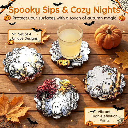 👻 4pc Cute Ghosties Wooden Coasters 👻
