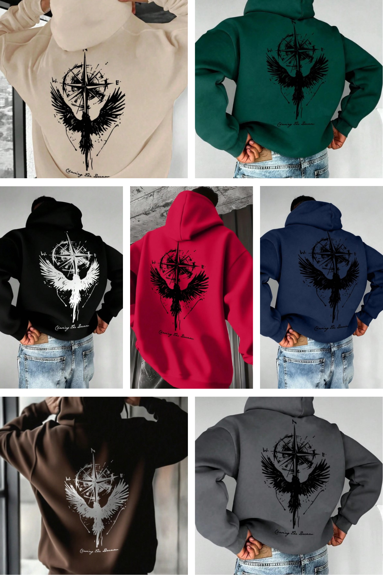 🧭🕊️ Men’s Casual Compass & Bird Print Hoodie 🕊️🧭