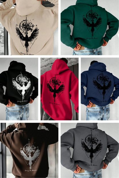 🧭🕊️ Men’s Casual Compass & Bird Print Hoodie 🕊️🧭