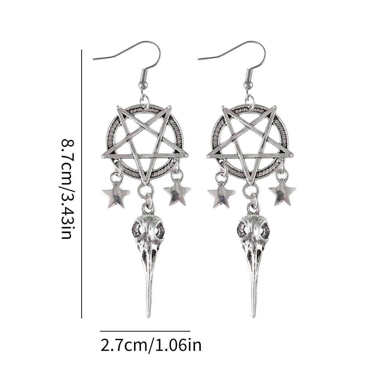 🖤 Gothic Pentagram & Bird Skull Tassel Earrings 🖤