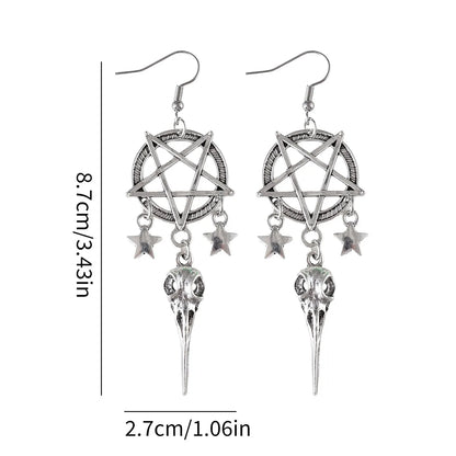 🖤 Gothic Pentagram & Bird Skull Tassel Earrings 🖤