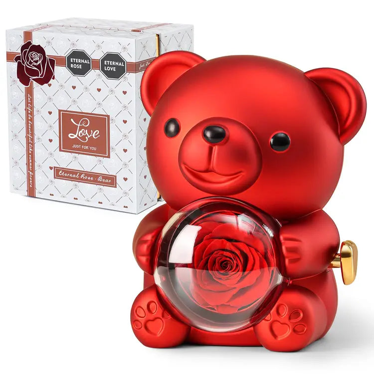 Teddy Bear Gift Set with Preserved Real Rose, Hidden Jewellery Box & Heart Necklace