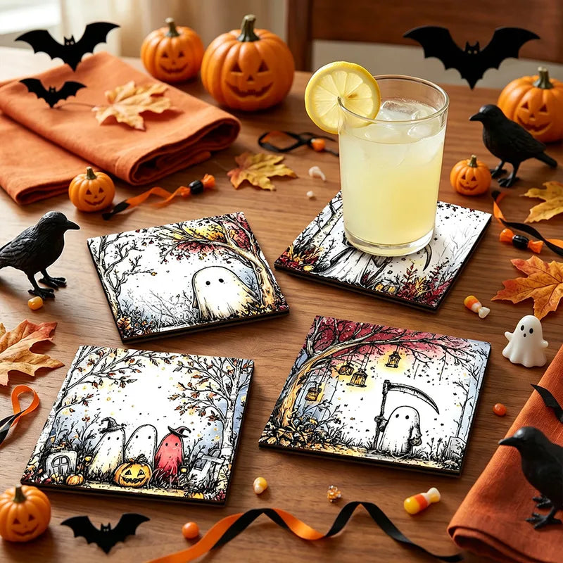 👻 4pc Cute Ghostie Wooden Coaster Set (Square) 👻