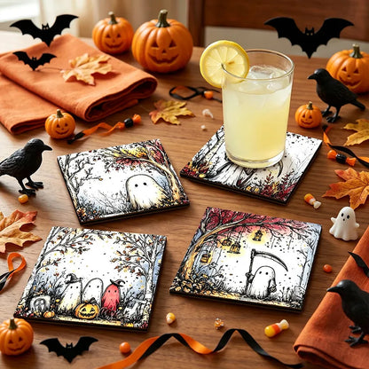 👻 4pc Cute Ghostie Wooden Coaster Set (Square) 👻