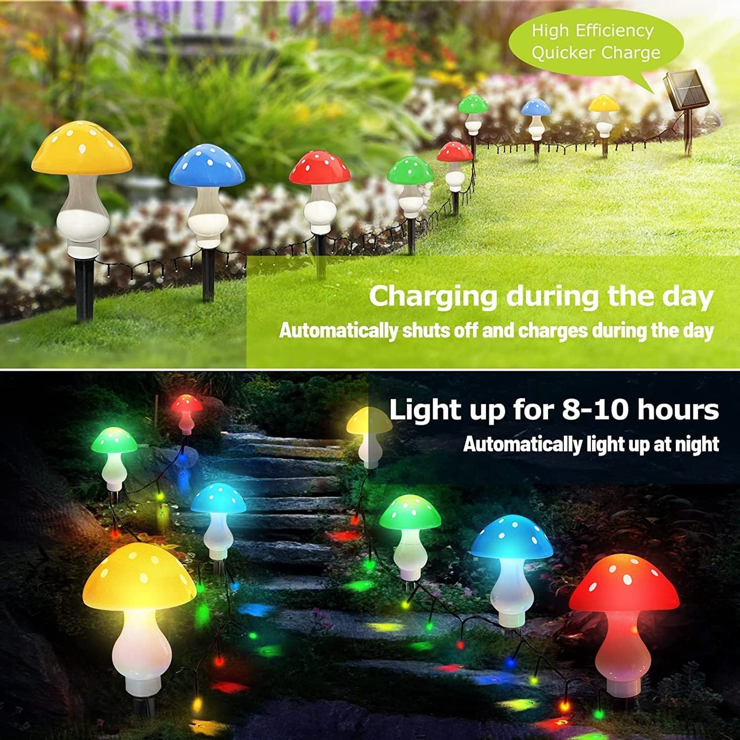 Upgraded Outdoor Solar Garden Lights 8 Pack 50 LED Mushroom Fairy String Waterproof Landscape Decoration - Multicolour FS-DT222