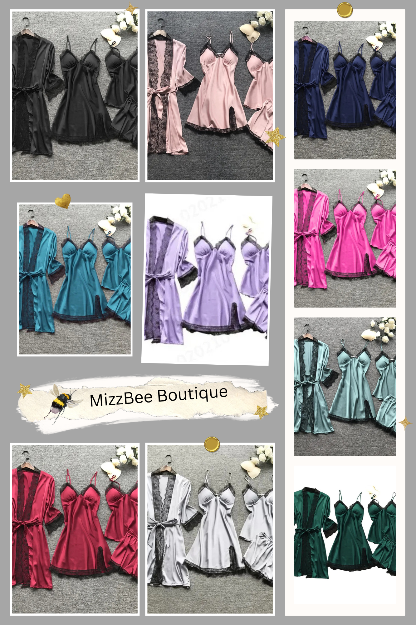 French Style Polyester Satin PJ Sets