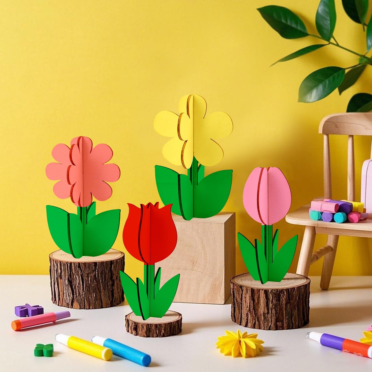 🎨🌸 24pc 3D Wooden Flowers & Bee Craft Kit with Acrylic Paints 🐝🦋