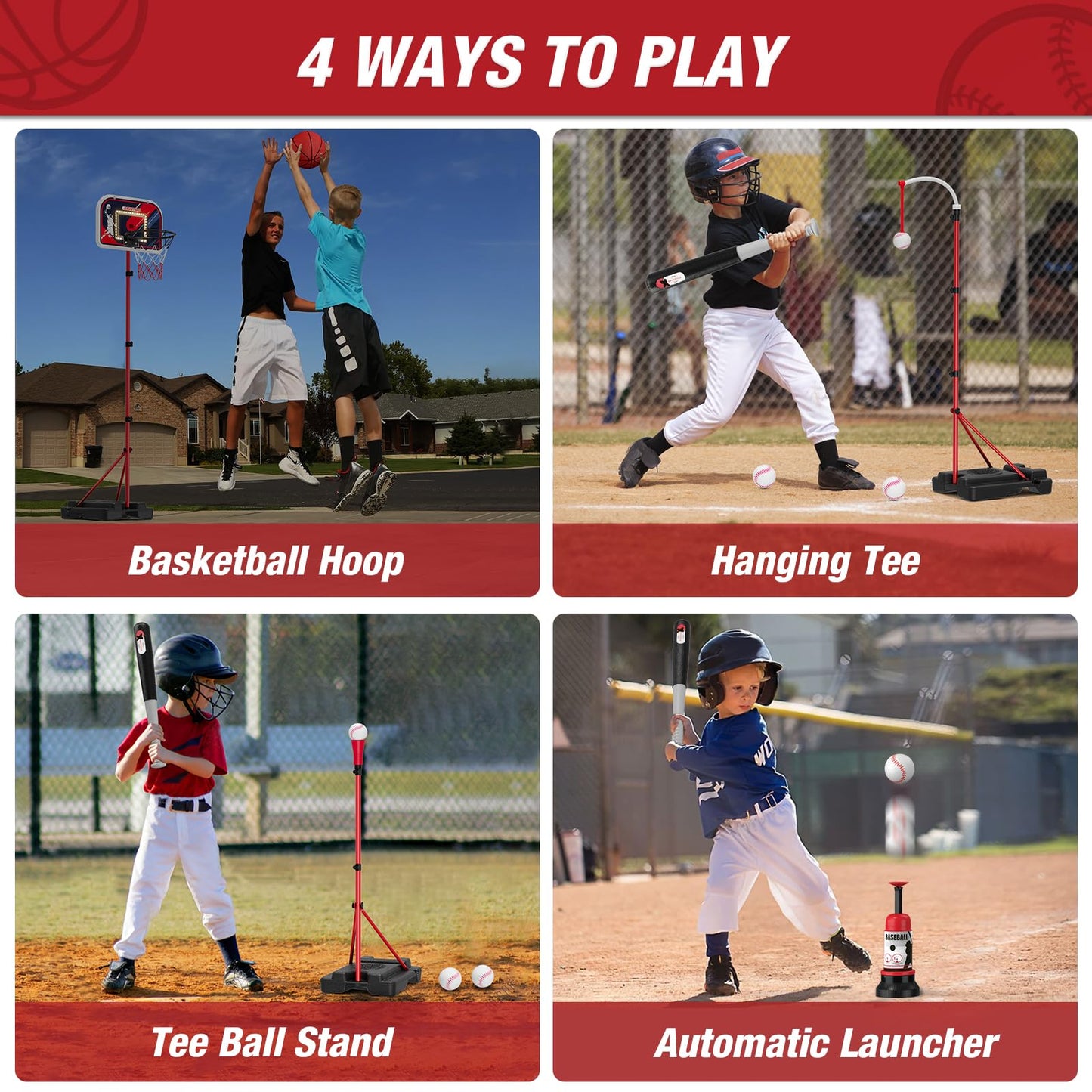 4 in 1 Kids Basketball Hoop and Baseball Set with Scoreboard & LED Lights