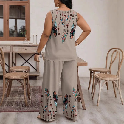 🌾 Casual Beige Feather Print Wide-Leg Pants Set 🌾