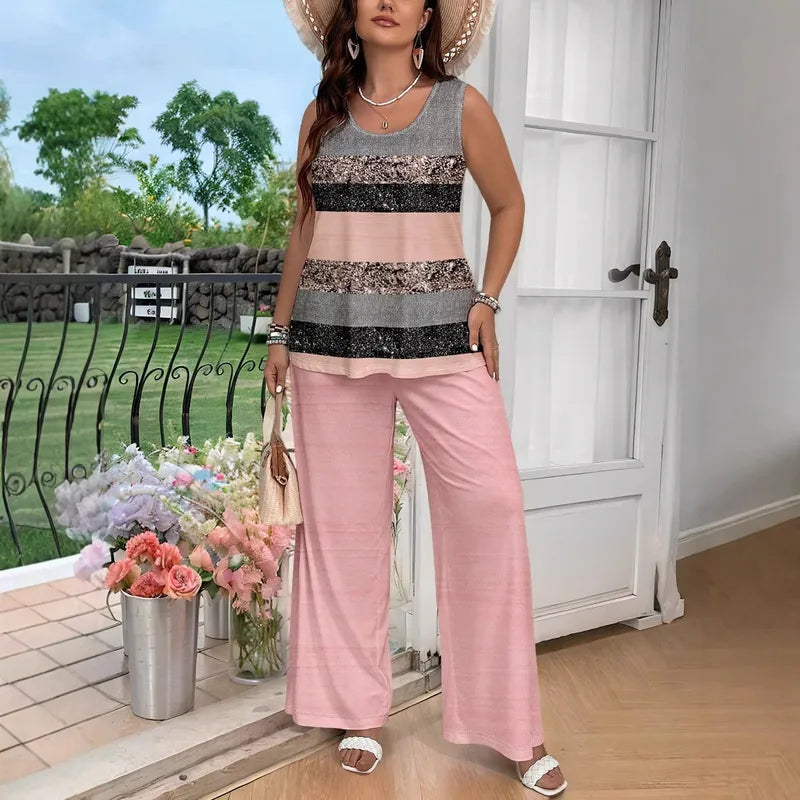 🌸 Casual Pink Glitter Striped Print Wide-Leg Pants Set 🌸