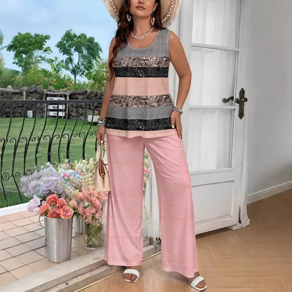 🌸 Casual Pink Glitter Striped Print Wide-Leg Pants Set 🌸