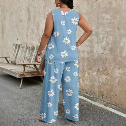 🌼💙 Casual Daisy Print Wide-Leg Pants Set 💙🌼