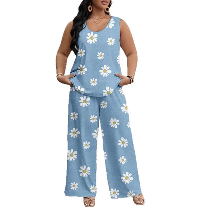 🌼💙 Casual Daisy Print Wide-Leg Pants Set 💙🌼