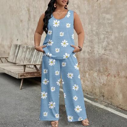 🌼💙 Casual Daisy Print Wide-Leg Pants Set 💙🌼