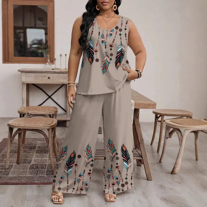 🌾 Casual Beige Feather Print Wide-Leg Pants Set 🌾