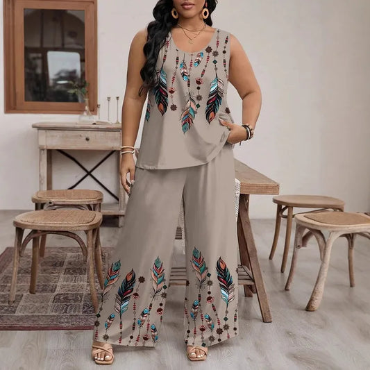 🌾 Casual Beige Feather Print Wide-Leg Pants Set 🌾