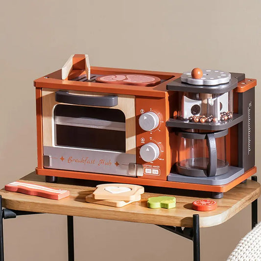 Wooden Play Kitchen Set with Coffee Machine, Oven & Griddle
