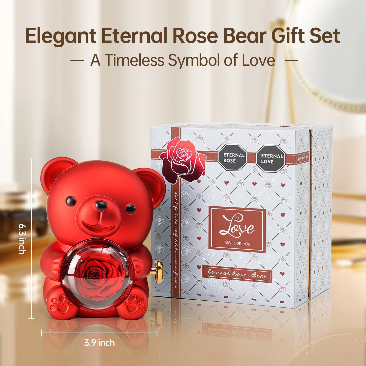 Teddy Bear Gift Set with Preserved Real Rose, Hidden Jewellery Box & Heart Necklace