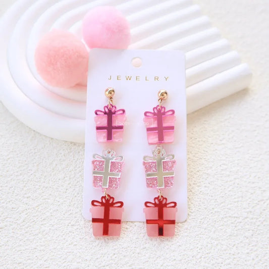 🎀🎄 Acrylic Pink Presents Drop Earrings 🎄🎀