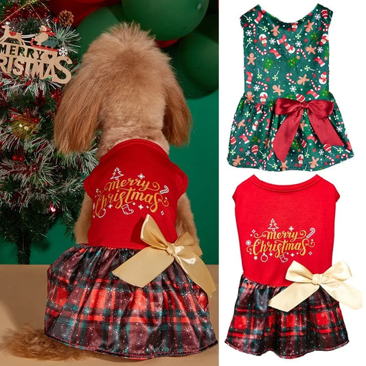🎄🐶 Christmas Print Butterfly Bowknot Ribbon Dress 🐾🎄