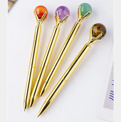 🖊️💎 Silver Natural Stone & Gold Sphere Crystal Ballpoint Pens 💎🖊️