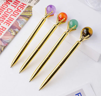 🖊️💎 Silver Natural Stone & Gold Sphere Crystal Ballpoint Pens 💎🖊️