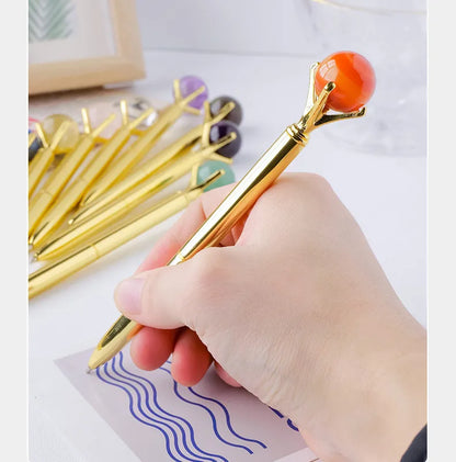 🖊️💎 Silver Natural Stone & Gold Sphere Crystal Ballpoint Pens 💎🖊️