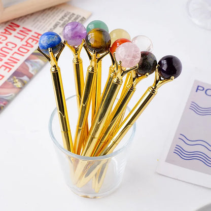 🖊️💎 Silver Natural Stone & Gold Sphere Crystal Ballpoint Pens 💎🖊️