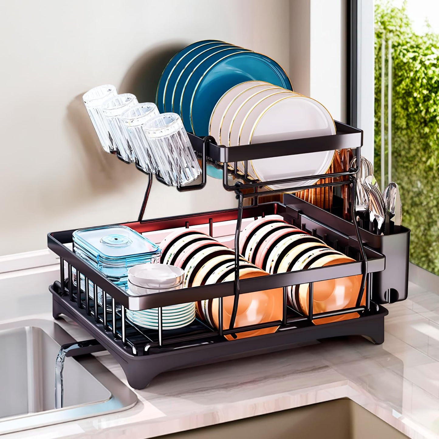 2-Tier Dish Drying Rack with Drip Tray & Utensil Holder