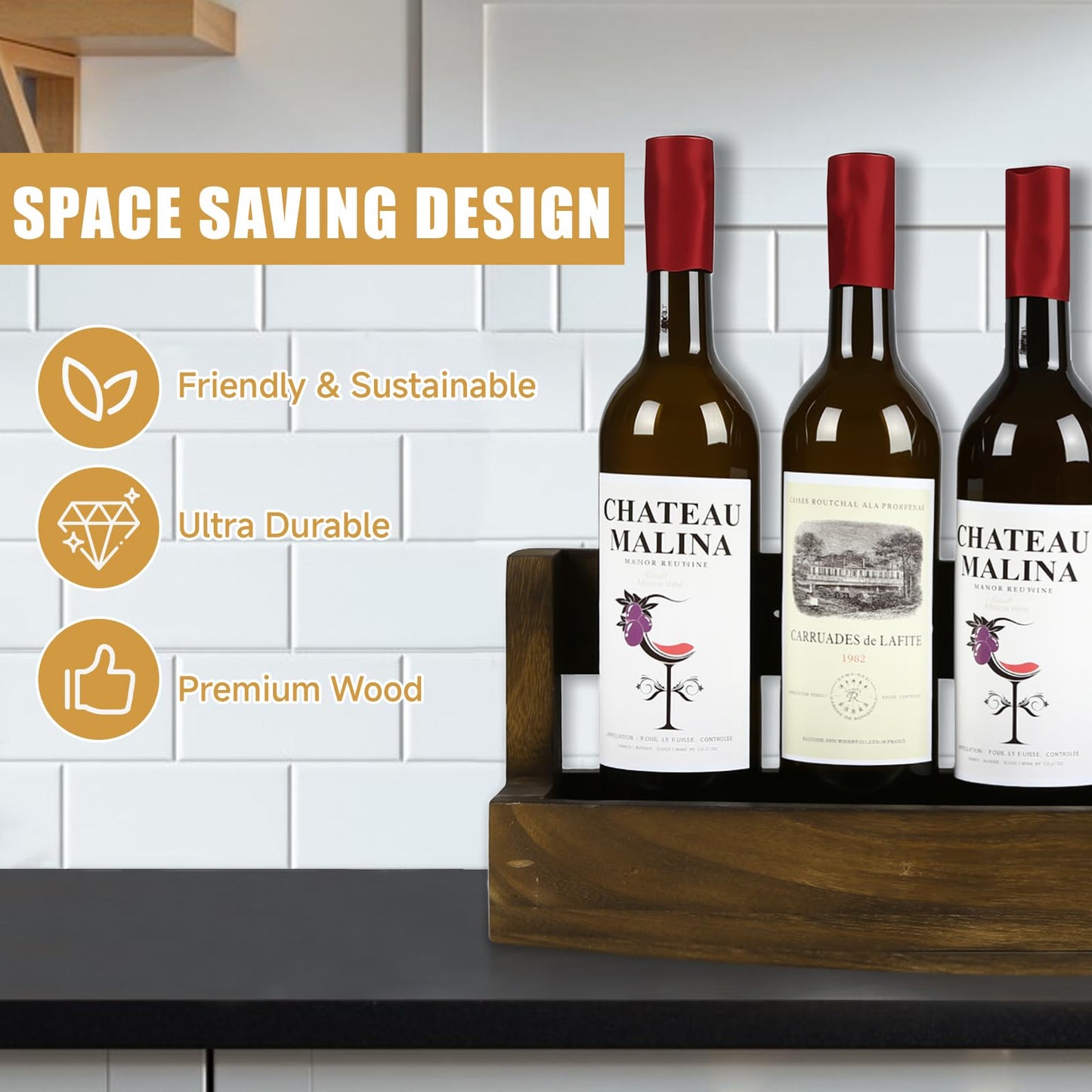 Wall Mounted Wooden Wine Rack Bottle Holder with Glass Shelf for 6 Bottles