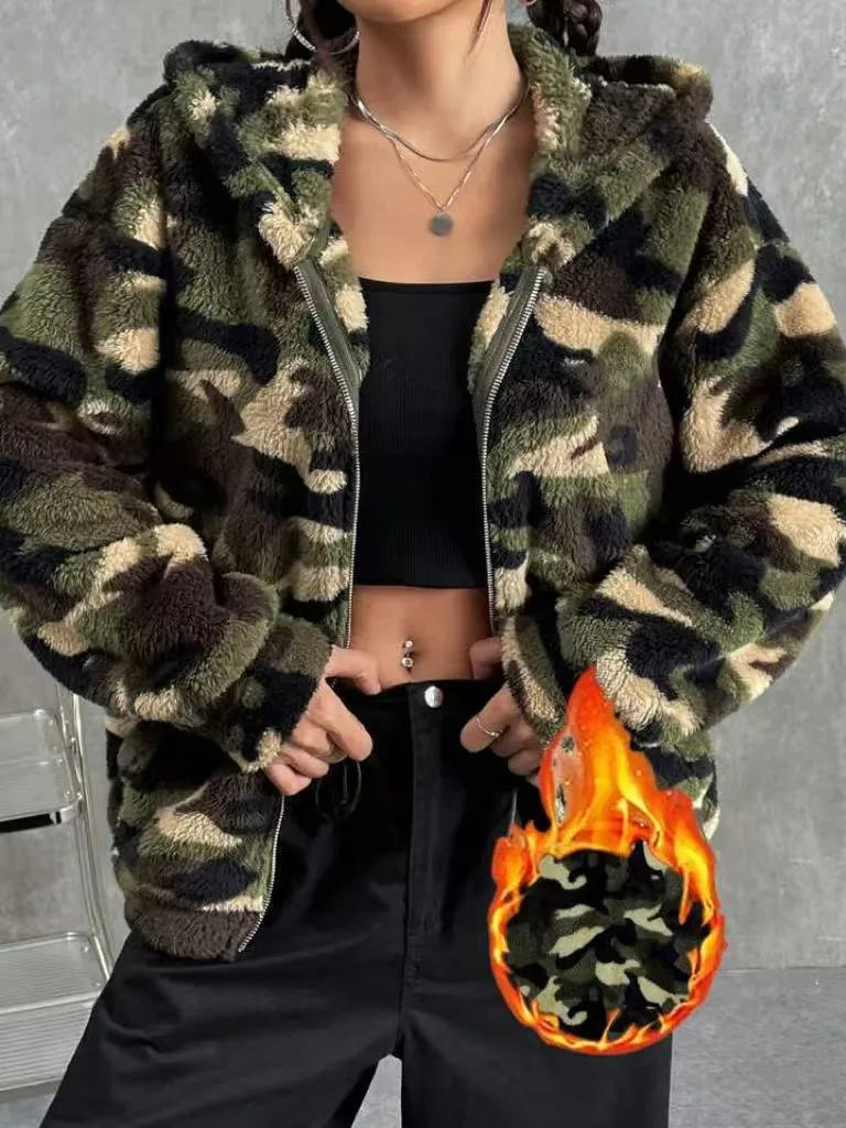 Camouflage Double-Sided Fluffy Zipper Hooded Open Cardigan